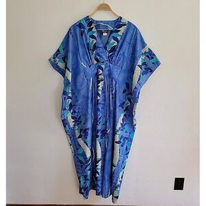 Vintage Tropical Eve Hawaii Muu Muu Kaftan House Dress One Size Dress Blue Boho
